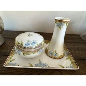 Vintage Nippon dresser set 3 pieces gorgeous hat pin holder, jar, tray